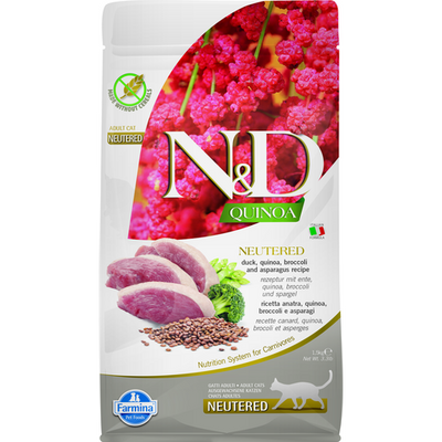 Farmina N&D Quinoa Feline Adult Neutered Canard, brocoli & asperge 1.5 kg - MyStetho Veterinary